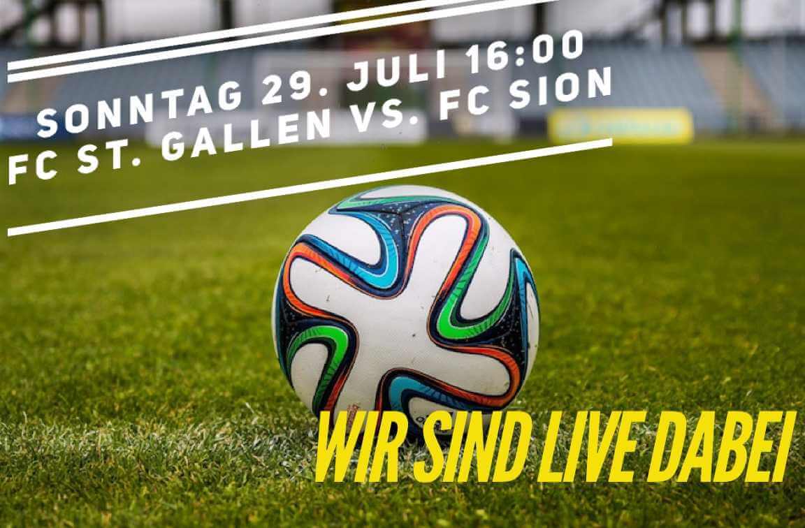 FC St. Gallen vs. FC Sion | Wir Senden Live vom Fussballspiel FC St. Gallen - FC Sion aus dem Kybunpark. Sei auch du Live mit dabei im Radio. 643F4992 00C1 47D9 A381 5099EE34FEBC |