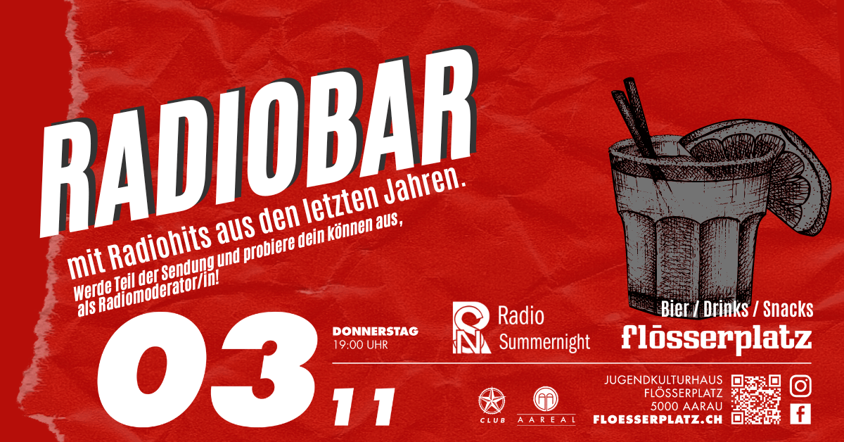 Radiobar | Wir starten am 03.11.2022 mit der Radiobar. Wo wir sonst Radio machen, serviert das Team von Radio Summernight an der Radiobar einmal monatlich erfrischende Getränke und feine Snacks. Bei der grossen Getränkeauswahl findet bestimmt jede*r etwas: Eistee, Kaffee, diverse Cocktails und natürlich Bier. Kopie von 247 1200 × 628 |