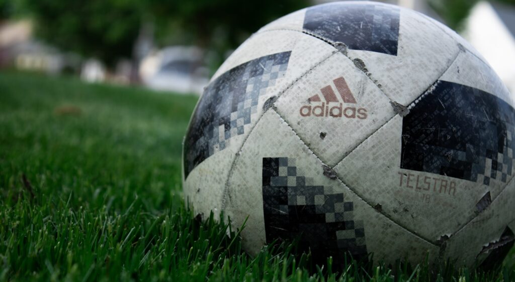 a close up of a soccer ball in the grass