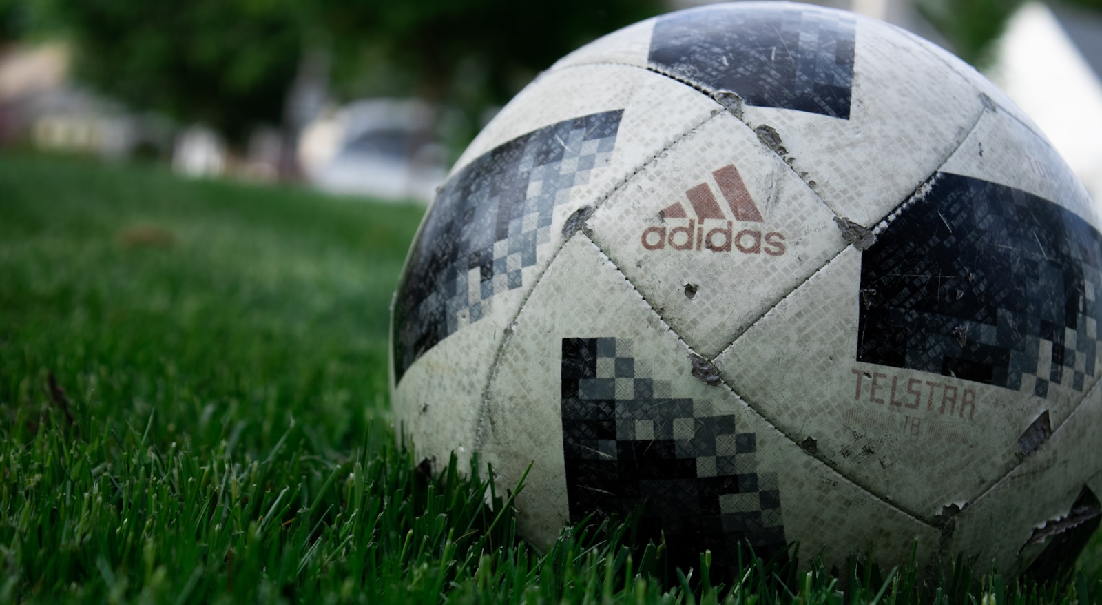 a close up of a soccer ball in the grass