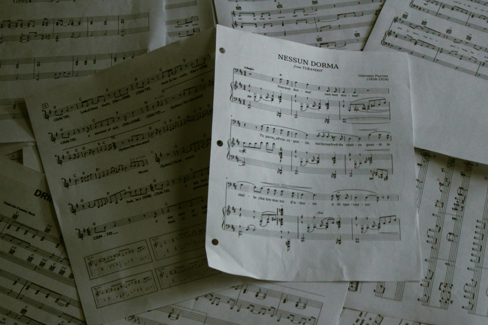 A pile of sheet music sitting on top of a table