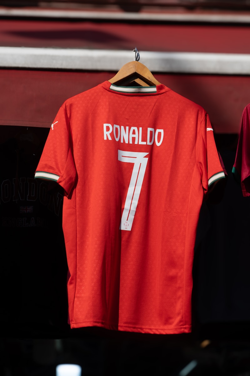 Red soccer jersey with ronaldo 7 on back