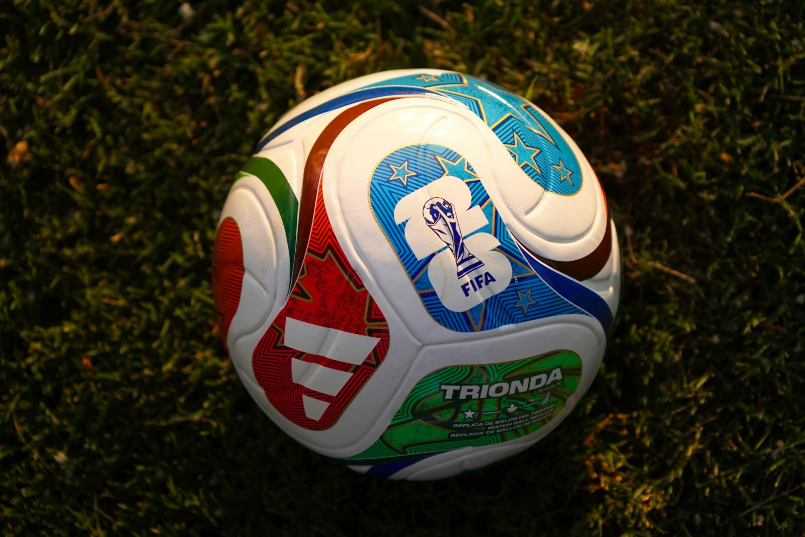 A colorful soccer ball rests on green grass.
