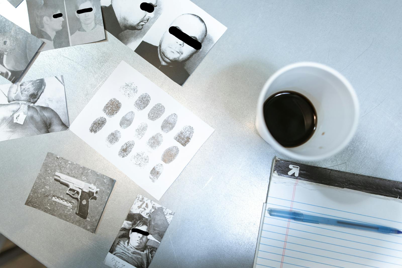 KSAB Suhrematt: True Crime | Flat lay of forensic evidence and police investigation documents on a desk.