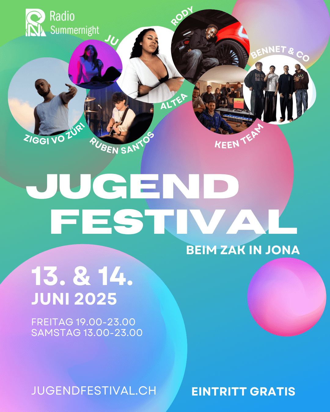 Jugendfestival 2025 Freitagabend | Am 13. und 14. Juni 2025 wird Rapperswil-Jona erneut zum Hotspot für junge Musik. Das Jugendfestival bietet auch in diesem Jahr ein vielseitiges Programm, das lokale Talente, kreative Workshops und eine Afterparty vereint. Jugendfestival Plakat Instagram Post |