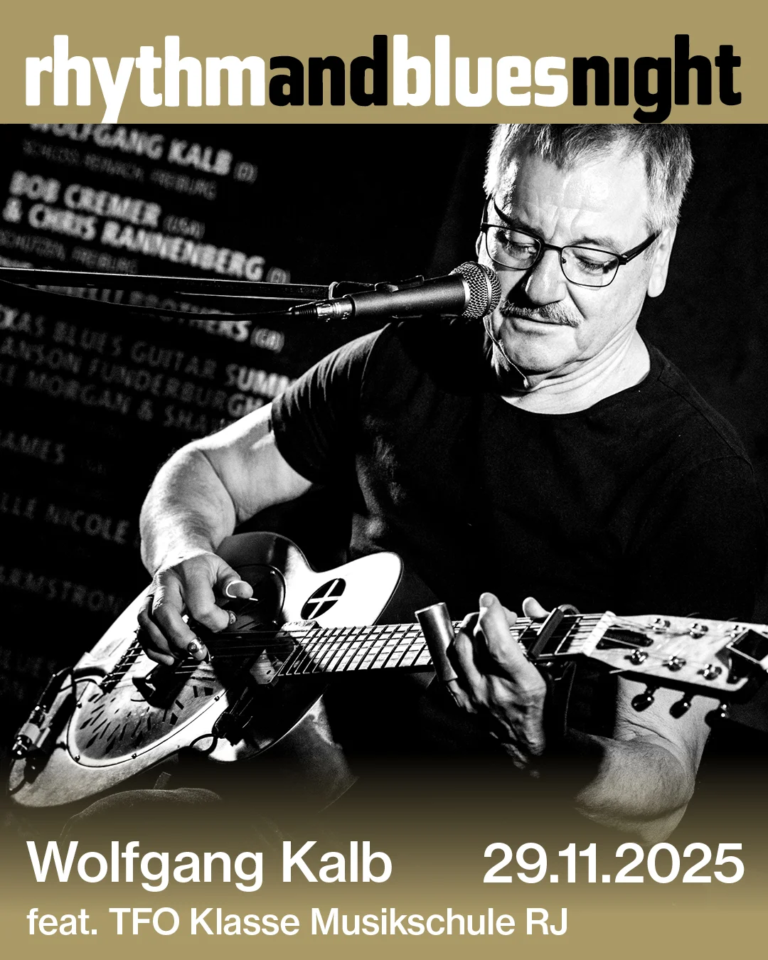 Wolfgang Kalb: Rhythm and Blues Night | Wer traditionellen Blues in seiner Urform erleben möchte, sollte dieses Konzert nicht versäumen. Wolfgang Kalb hat sich dem akustischen Country Blues der Zwanziger- bis Vierzigerjahre verschrieben. Fingerpicking und Slide auf verschiedenen Gitarren sind seine Spezialitäten. Bei seinen Konzerten erzählt er zu den Songs viele Geschichten aus der Frühzeit des ländlichen Blues. Im Vorprogramm spielt er zusammen mit Musikschülern der Talent Förderung Oberstufe TFO. WolfgangKalb Insta |