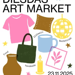 DiesDas Art-Market | Bald ist Weihnachten und Du brauchst noch Dies und Das? Rechtzeitig vor dem grossen Festtagsstress veranstalten wir unseren Art-Market. Ausgewählte Künstler:innen, Handwerker:innen und Designer:innen bieten ihre Produkte zum Kauf an. Du wirst mit Streetfood, Glühwein und guter Musik verwöhnt und findest genau DiesDas, was Du brauchst. diesdas 1080x1350px insta |