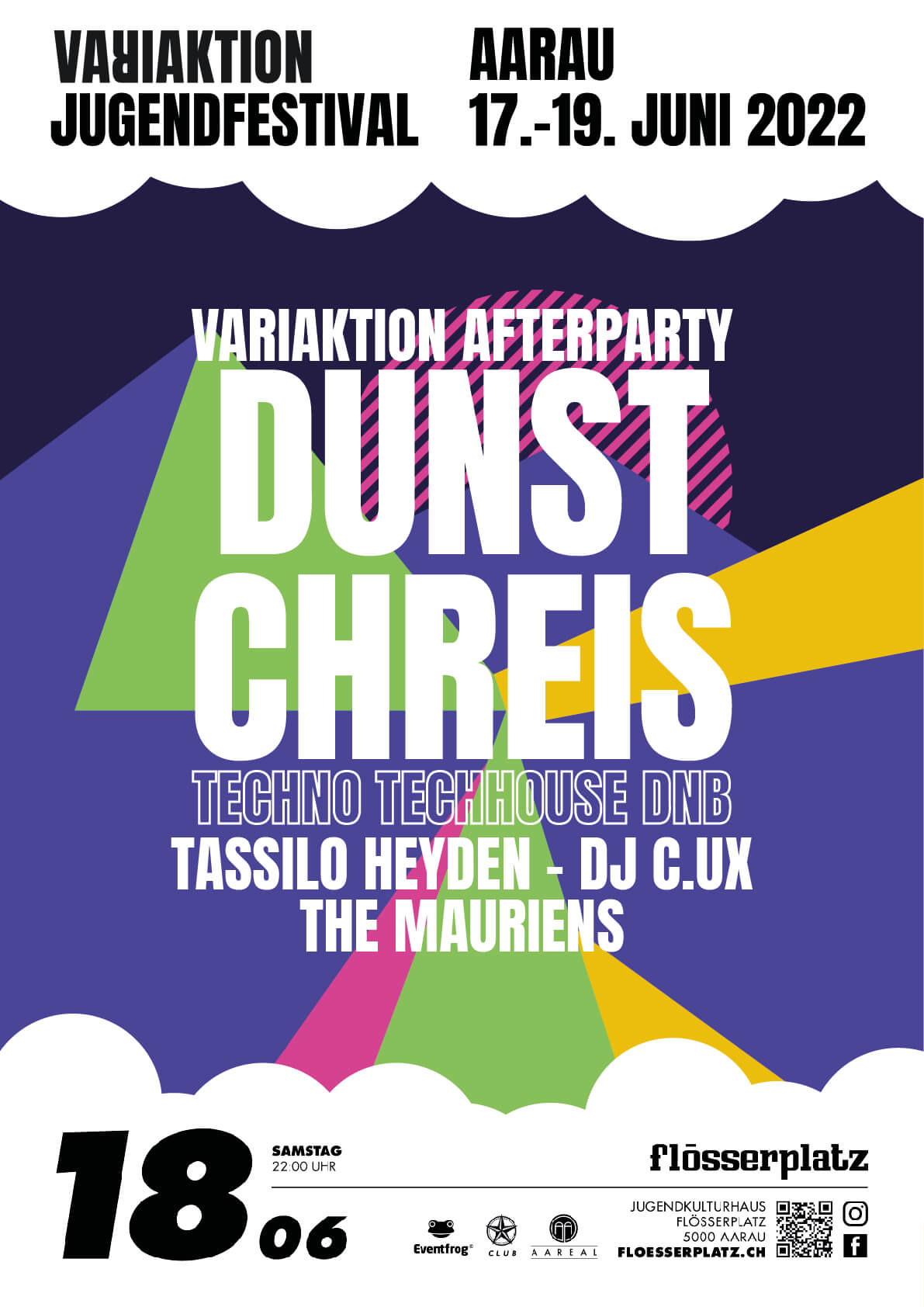 DUNSTCHREIS: Techno - Tech House - DnB | Um Tanzwillige und Techno Fanatiker*innen nach Sensus Openairshow auf der Pontonierwiese noch tiefer in die Musik eintauchen zu lassen wird im Flösserplatz der Rave des Jahres stattfinden. Mit den heissesten Newcomer DJ’s, Stadtlegenden und wummernden Bässen wird durchgefeiert, bis die Pontonierwiese von der Sonne gewärmt zum auskurieren bereit ist. Partys im Flösserplatz sind grundsätzlich für alle Besucher:innen ab 16 Jahren zugänglich. Einlass nur mit amtlichem Ausweis (Pass, ID, Führerausweis, Ausländerausweis). Dunstchreis Zeichenflaeche 1 Kopie |