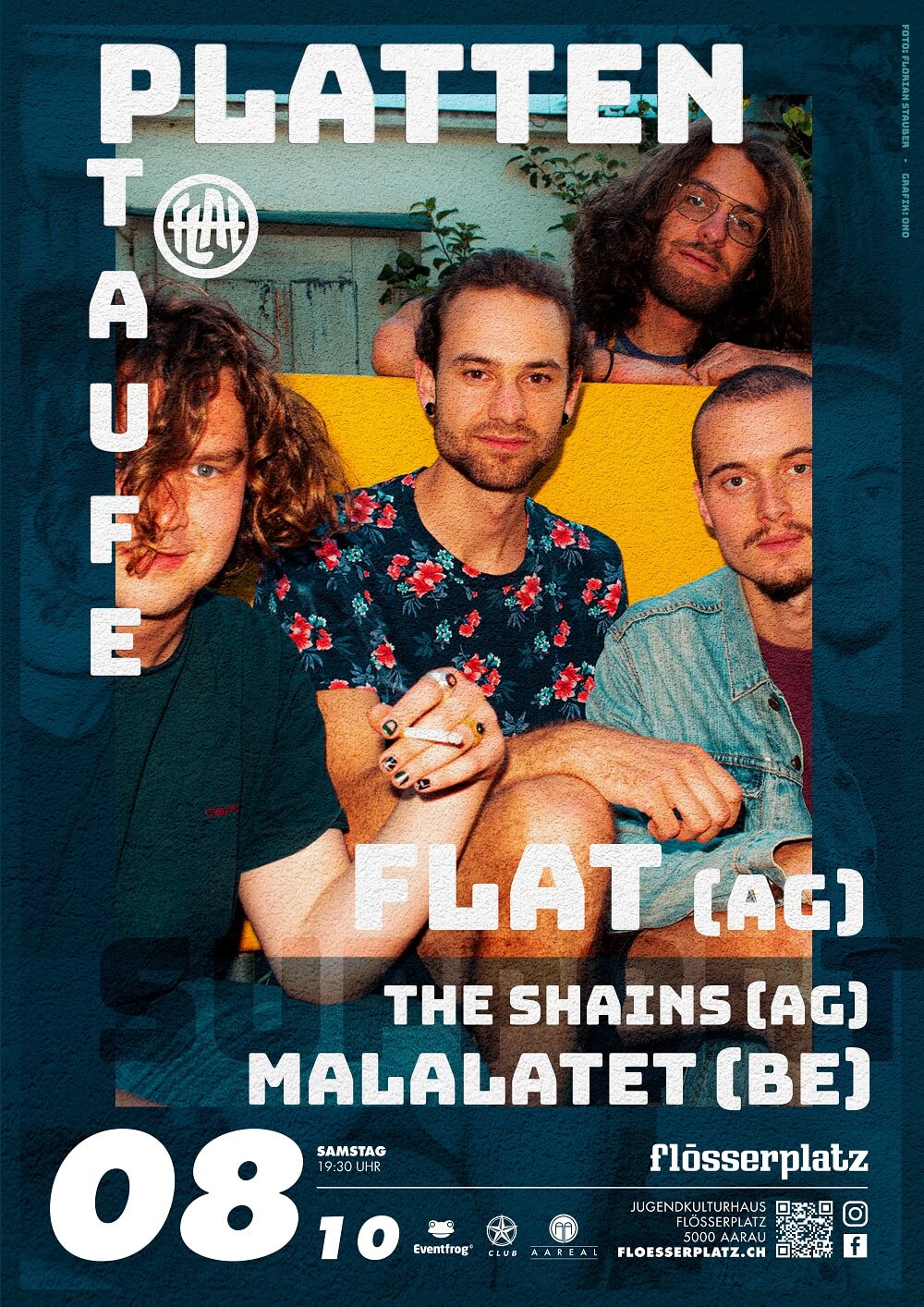 FLAT Plattentaufe | Zägg! Da sind wir wieder! Flat ist zurück und feiert Plattentaufe. Die vier Aarauer kommen wieder auf die Bühne und zeigen, dass sie in den letzten beiden Jahren nicht untätig waren. Es wurde viel gekocht. Auf dem Menu steht ein musikalischer Mix, der es in sich hat. Von süss bis rockig, salzig bis jazzy, der Geschmack ist intensiv. Degustieren lohnt sich, es wird lecker. Auf der Vorspeisenkarte stehen die beiden Bands The Shains aus Aarau und Malalatet aus Biel. definitives Plakat min |