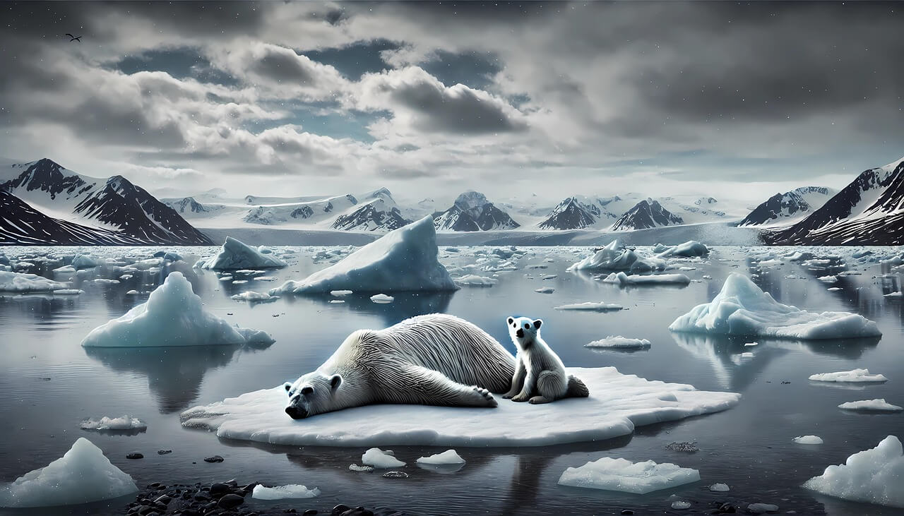 Klima am Nordpol und Südpol | ai generated, nature, polar bear, iceberg, climate crisis, weather change, earth, glacier, extinction, north pole, ice bear, cold, ocean, pollution