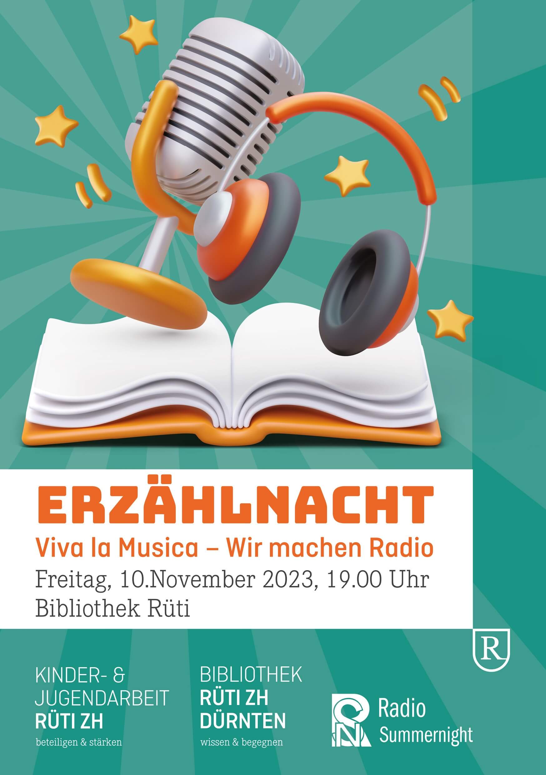 Viva la Musica – Wir machen Radio | Im Rahmen der Schweizer Erzählnacht sendet Radio Summernight für einen Abend live aus der Bibliothek. Dabei dreht sich, getreu dem Motto «viva la musica», alles ums Thema Musik. thumbnail Erzaehlnacht A5 gzd dd |